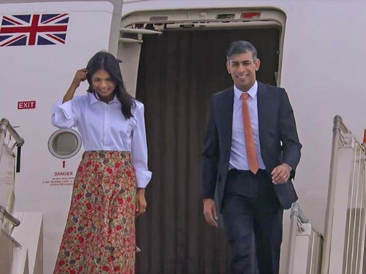 United Kingdom Prime Minister Rishi Sunak and his wife Akshata Murthy arrive in Delhi