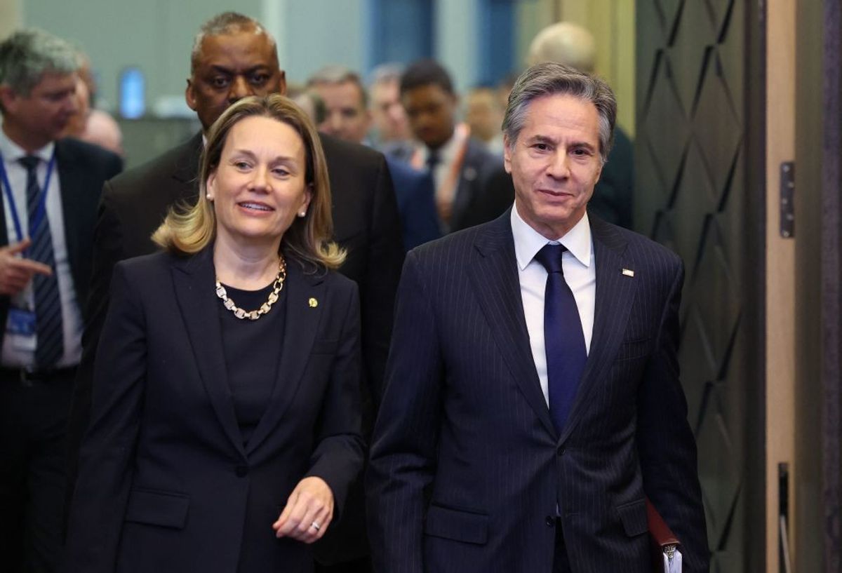US permanent representative to NATO Julianne Smith (L) and US secretary of state Antony Blinken