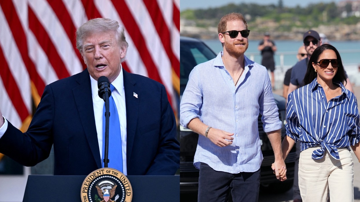 US President Donald Trump; Prince Harry and Meghan Markle