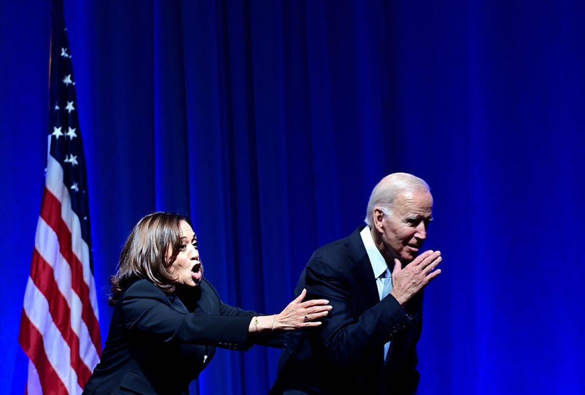 US president Joe Biden and vice president Kamala Harris at a Democratic Party event.