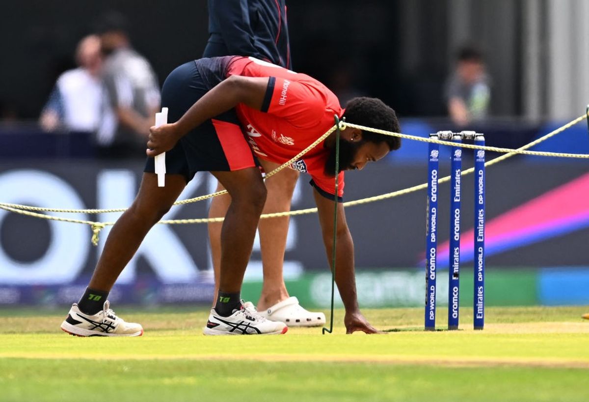 US's Aaron Jones inspects wicket before game against Ireland in T20 World Cup 2024