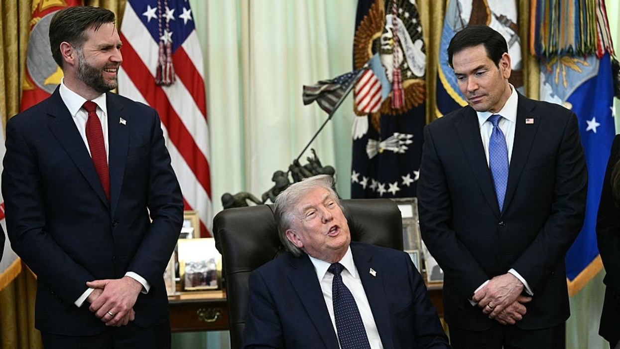 US Vice President JD Vance and US Secretary of State Marco Rubio listen to US President Donald Trump