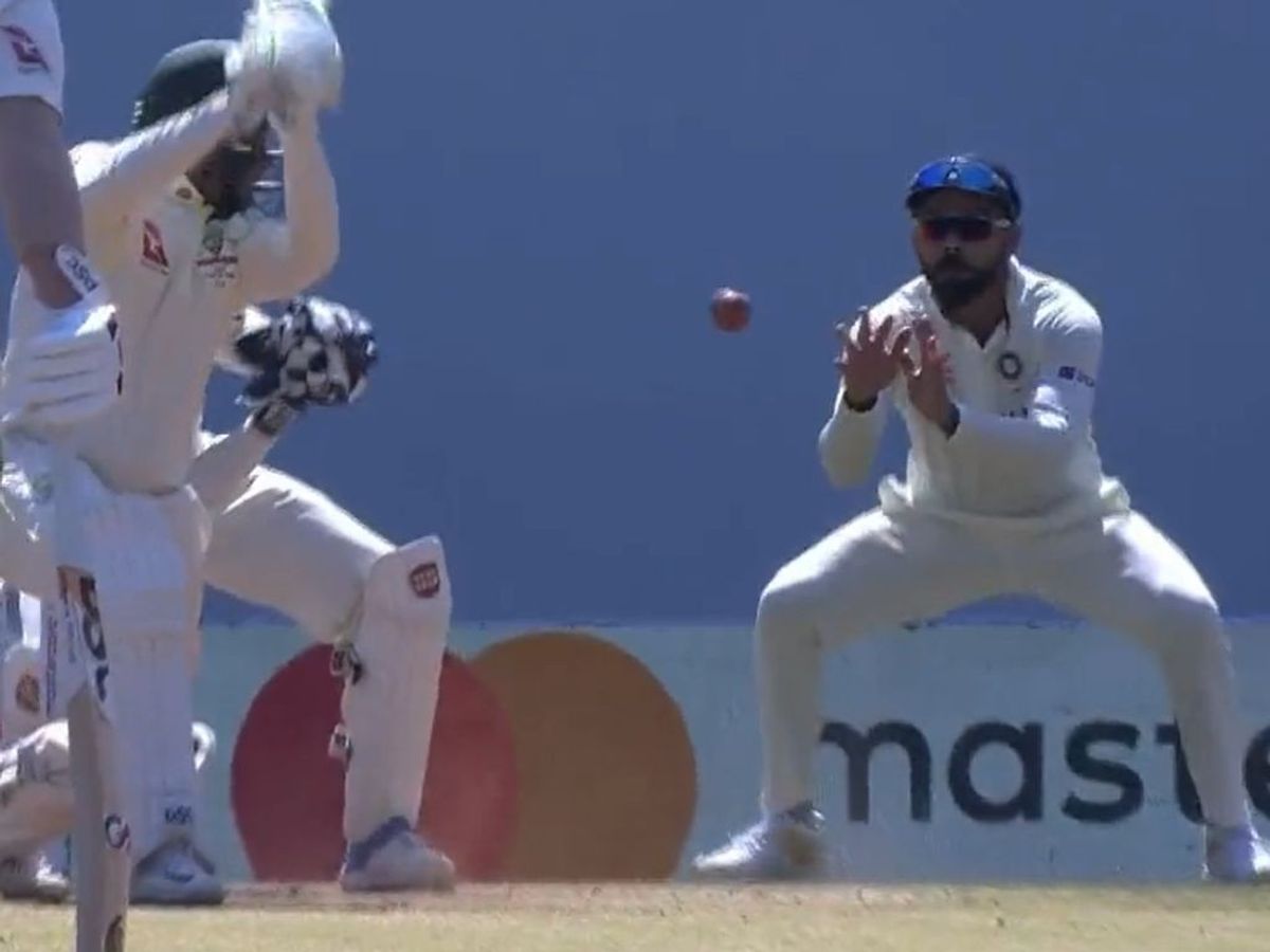 Virat Kohli takes the catch of Australia opening batter Usman Khawaja in the second innings of the first Test in Nagpur on Saturday,