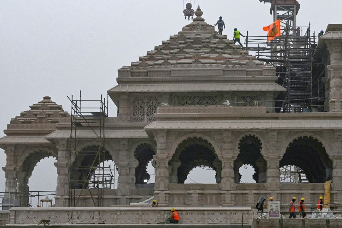 Workers are pictured at the construction site of a temple to Hindu deity Ram, in Ayodhya in the northern Indian state of Uttar Pradesh