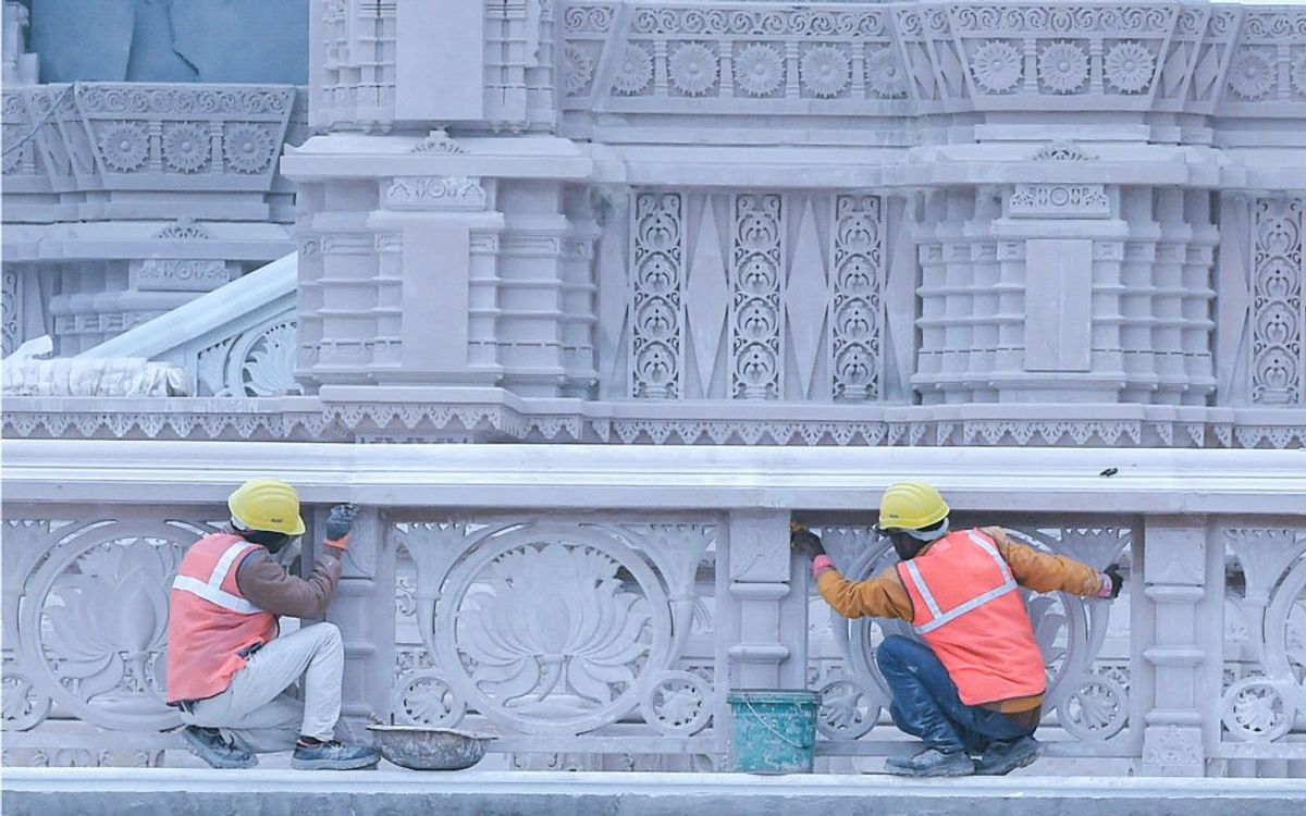 Workers are seen at construction site for the temple of Hindu Lord Rama