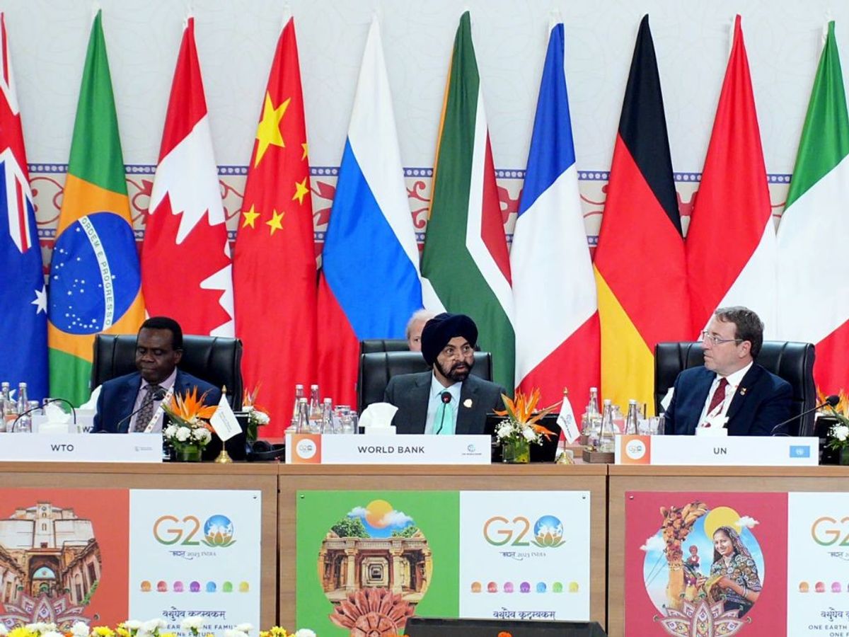 World Bank president Ajay Banga (C) at 3rd G20 Finance Ministers and Central Bank Governors (FMCBG), in Gandhinagar in India's Gujarat state
