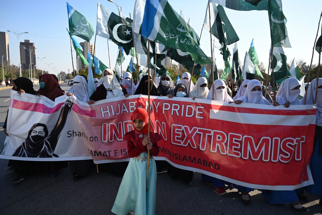 Pakistan women protest over India hijab row