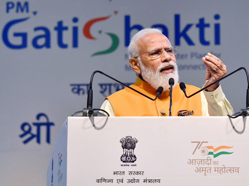 Indian prime minister Narendra Modi addresses during the inauguration of PM Gati Shakti - National Master Plan, at Pragati Maidan, in New Delhi, in October 2021