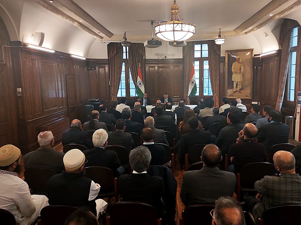 Indian high commissioner to the UK Vikram Doraiswami holds a meeting with the members of the Indian community on Tuesday, March 21, 2023, after the Indian high commission in London was allegedly vandalised by separatist and extremist elements 