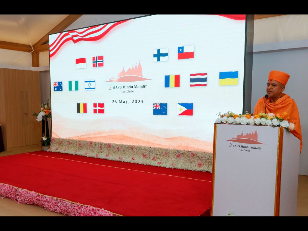 One of the diplomats who visited the construction site of BAPS Hindu Mandir in Abu Dhabi, UAE, on May 25, 2023, being welcomed. (Picture: BAPS Hindu Mandir Abu Dhabi)