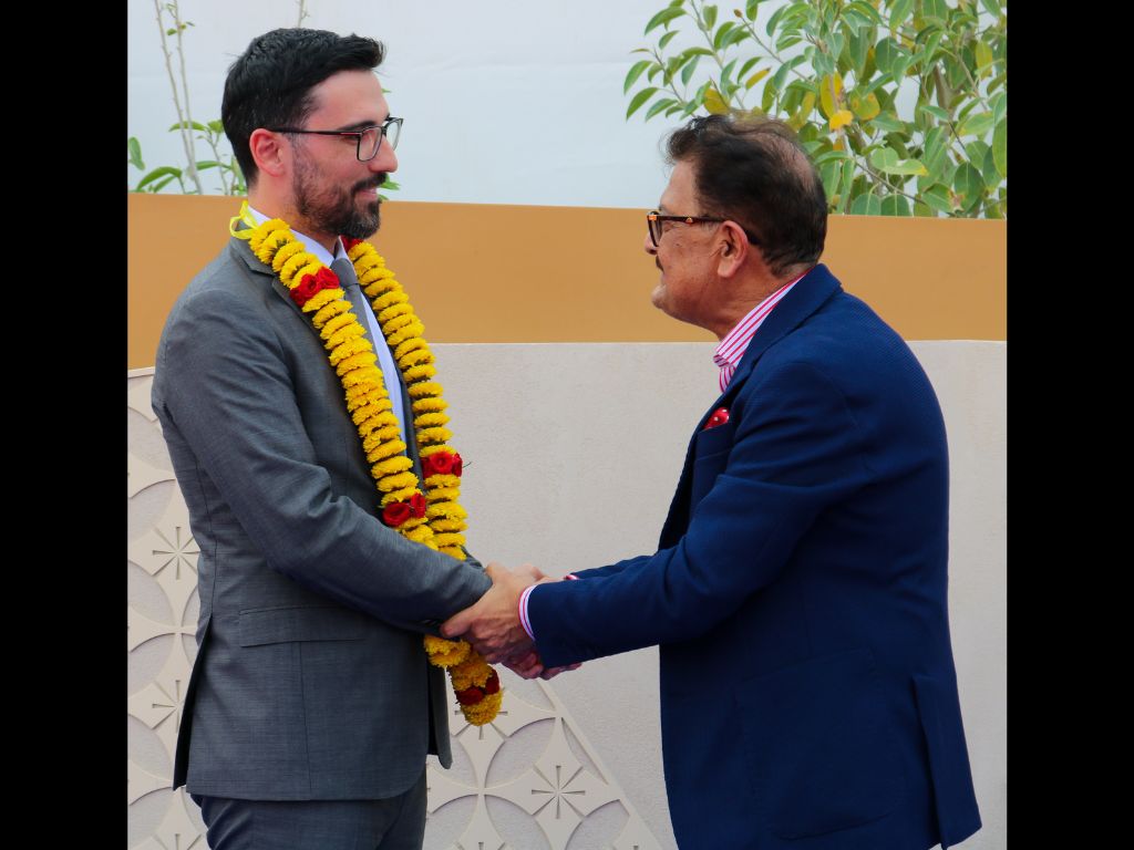 One of the diplomats who visited the construction site of BAPS Hindu Mandir in Abu Dhabi, UAE, on May 25, 2023, being welcomed. (Picture: BAPS Hindu Mandir Abu Dhabi)