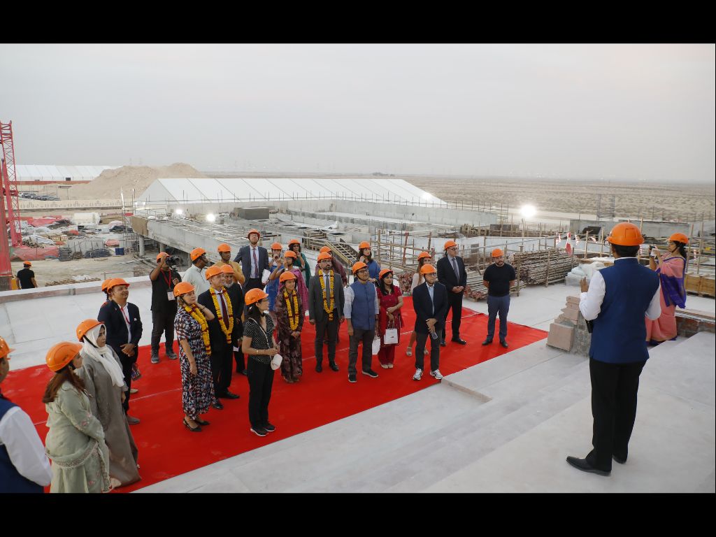 One of the diplomats who visited the construction site of BAPS Hindu Mandir in Abu Dhabi, UAE, on May 25, 2023, being welcomed. (Picture: BAPS Hindu Mandir Abu Dhabi)