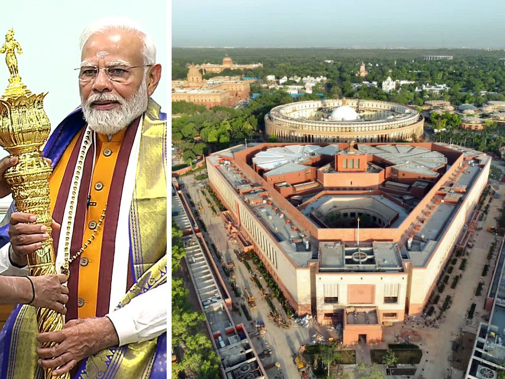 Indian prime minister Narendra Modi being felicitated ahead of the inauguration ceremony of the new parliament building during a meeting with the seers at his residence in New Delhi