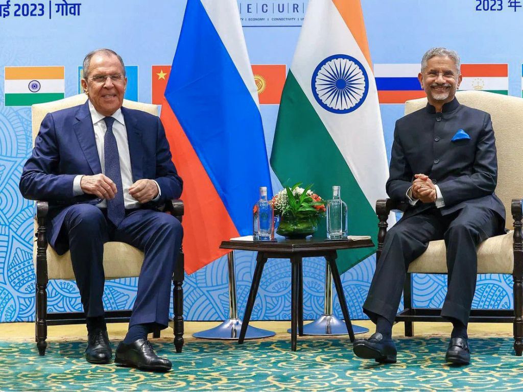 Indian foreign minister S Jaishankar with his Russian counterpart Sergey Lavrov on the sidelines of SCO foreign ministers' meeting in Goa, India.