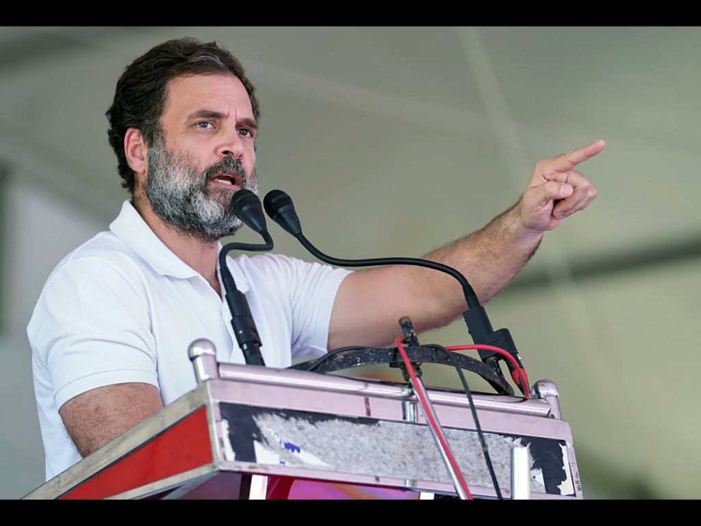 Indian National Congress leader Rahul Gandhi addresses a public meeting in Tumakuru in Karnataka