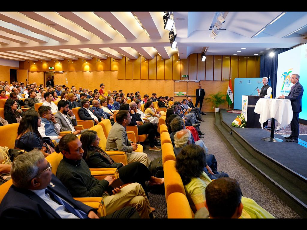 Indian external affairs minister Subrahmanyam Jaishankar interacts with the Indian community in Stockholm, Sweden