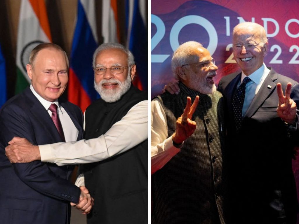 Indian PM Narendra Modi with Russian president Vladimir Putin (L) and US president Joe Biden