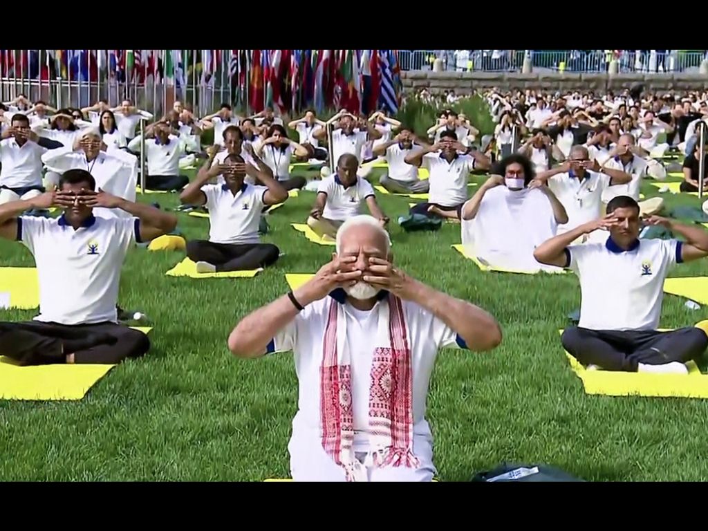 Indian prime minister Narendra Modi performs yoga on the occasion of International Day of Yoga at the UN headquarters in New York