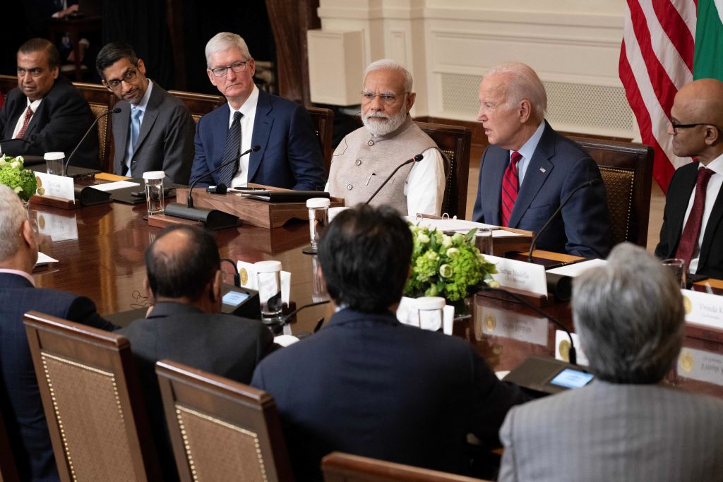 Indian PM Narendra Modi and US president Joe Biden speak with Indian and American business leaders in Washington DC, US.