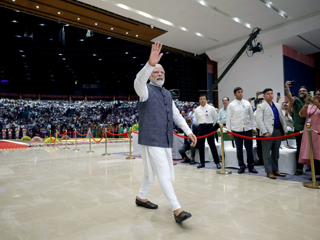 Indian prime minister Narendra Modi waves to the crowd at the inauguration of the newly constructed International Trade Promotion Organisation (ITPO) complex 'Bharat Mandapam at Pragati Maidan in New Delhi