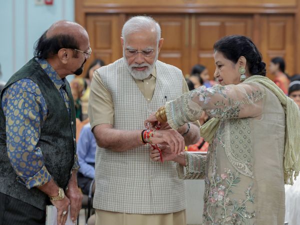 Indian PM Narendra Modi celebrates Raksha Bandhan in Delhi on August 30, 2023.
