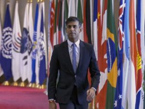 UK prime minister Rishi Sunak arrives at the Bharat Mandapam for the G20 Summit, in New Delhi,