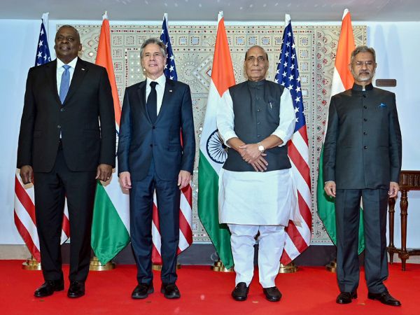 (L-R) US defence secretary Lloyd Austin, US secretary of state Antony Blinken, Indian defence minister Rajnath Singh and Indian external affairs minister Subrahmanyam Jaishankar ahead of the fifth India-US 2+2 Ministerial Dialogue, in New Delhi