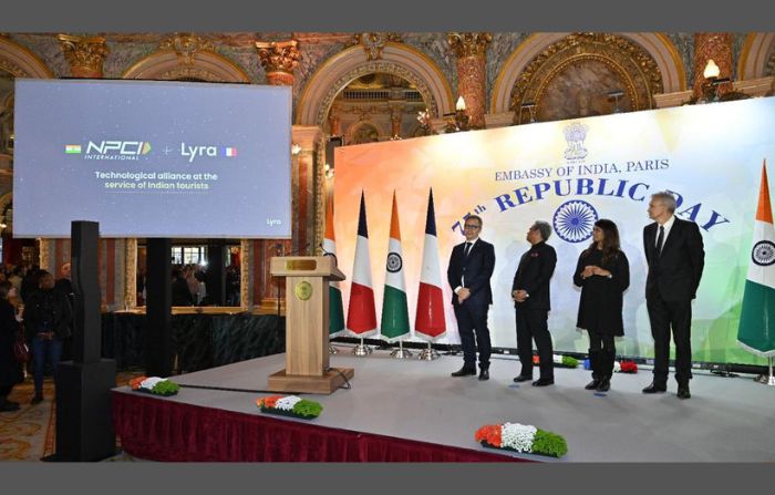The launch of India's UPI instant payment system at an event in Paris, France