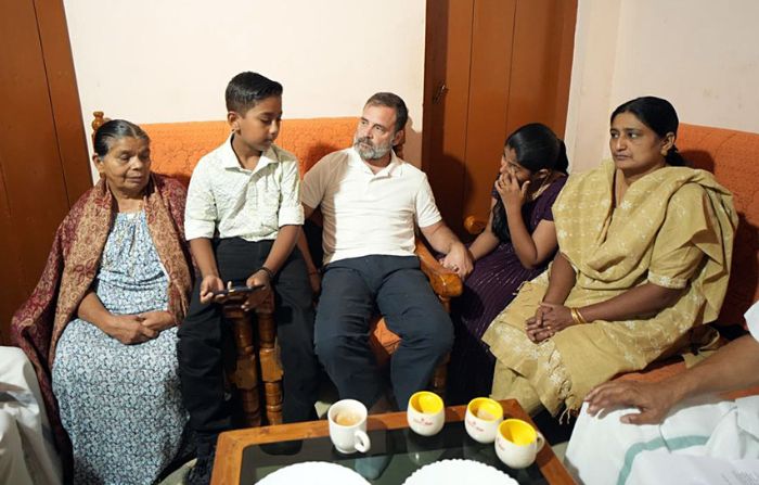 Indian MP Rahul Gandhi meets members of a family of an elephant attack victim in Kerala
