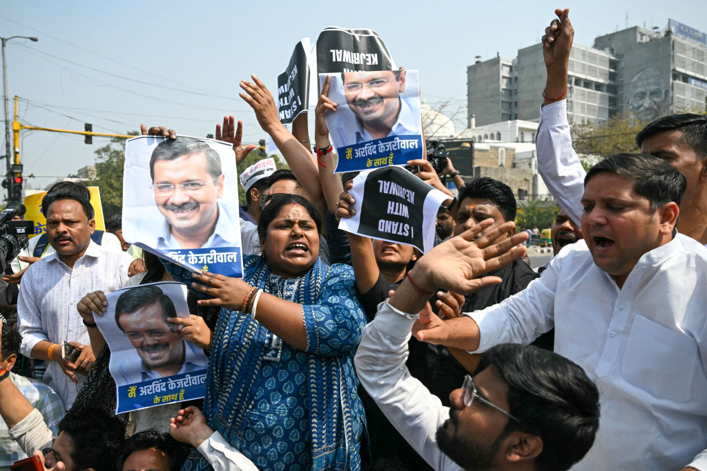 Supporters of Aam Aadmi Party protest against arrest of Delhi chief minister Arvind Kejriwal