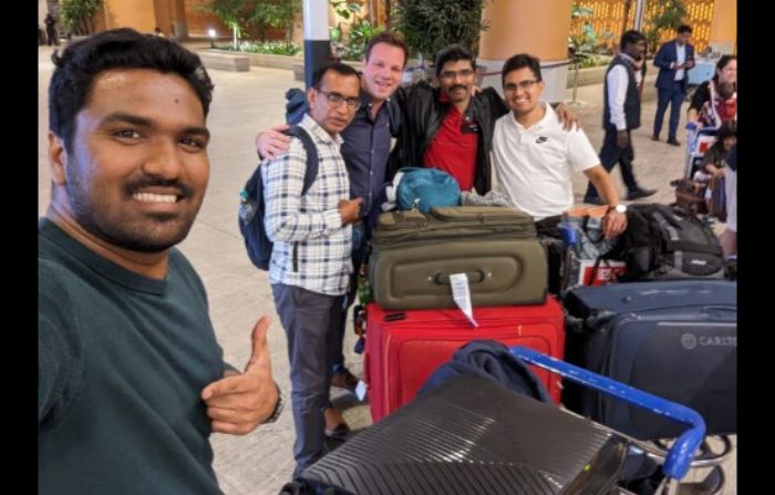 Members of the A-A P4L Mission at London airport prior to their departure for Bengaluru in India.