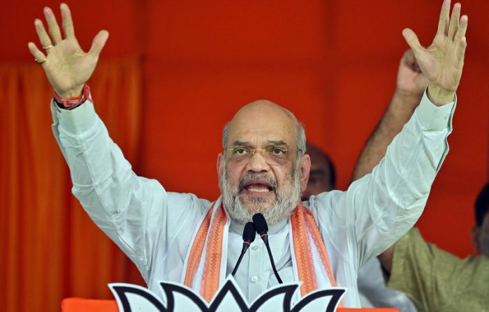 Indian home minister Amit Shah speaks at a rally of his Bharatiya Janata Party in the southern city of Hyderabad on March 12, 2024