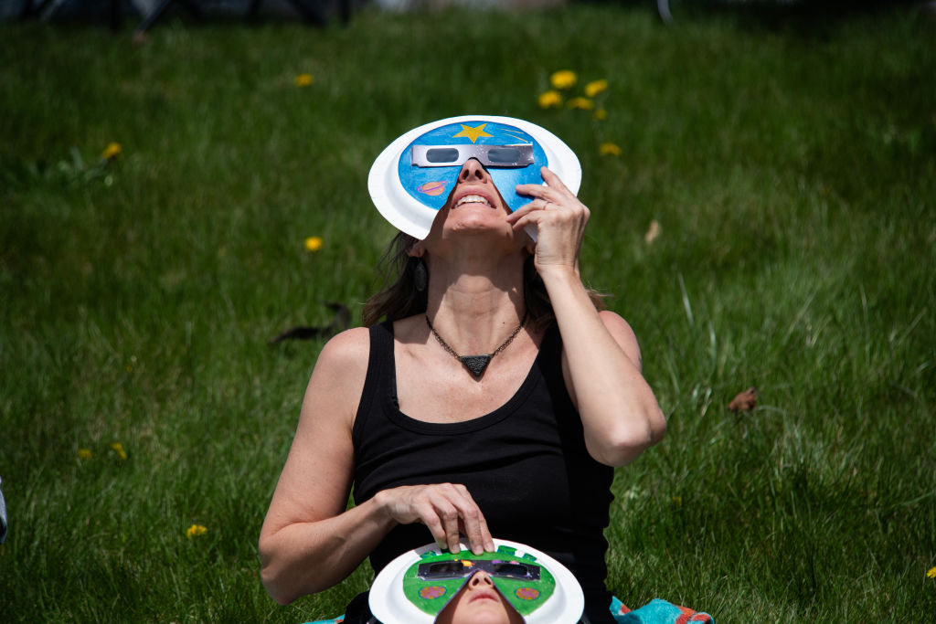 WASHINGTON, DC - APRIL 8: (EDITOR’S NOTE: This Handout image was provided by a third-party organization and may not adhere to Getty Images’ editorial policy) (EDITOR'S NOTE: Multiple exposures were used in the creation of this digital composite image) In this NASA handout, the Moon is seen passing in front of the Sun, with the top of the Washington Monument in silhouette, during a partial solar eclipse April 8, 2024 in in Washington, DC. A total solar eclipse swept across a narrow portion of the North American continent from Mexico's Pacific coast to the Atlantic coast of Newfoundland, Canada. A partial solar eclipse was visible across the entire North American continent along with parts of Central America and Europe. (Photo by Bill Ingalls/NASA via Getty Images)