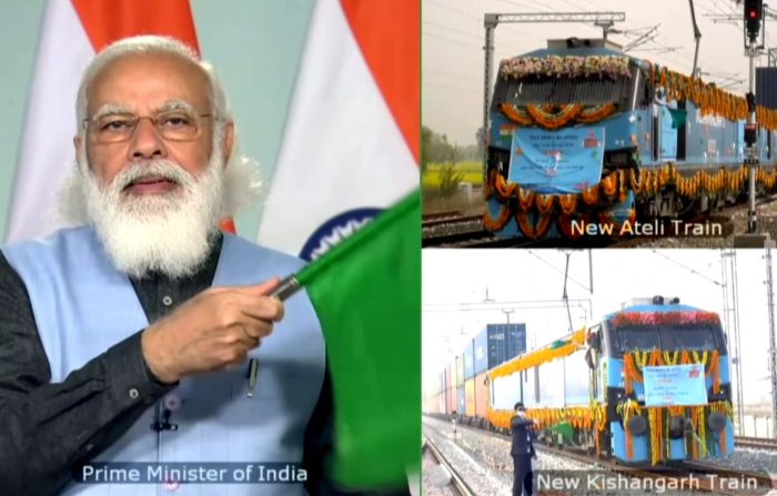 Indian PM Narendra Modi inaugurates a section of India's Western Dedicated Freight Corridor