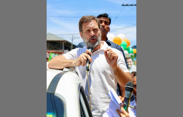 Indian National Congress leader Rahul Gandhi addresses an election rally