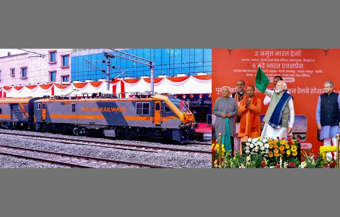 Indian PM Narendra Modi flags off an Amrit Bharat train