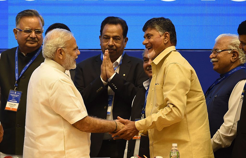 Indian PM Narendra Modi with Chandrababu Naidu, the chief of the Telusu Desam Party