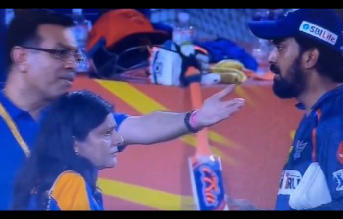 Lucknow Super Giants owner Sanjiv Goenka and captain KL Rahul speak after humiliating defeat in an IPL match against Sunrisers Hyderabad