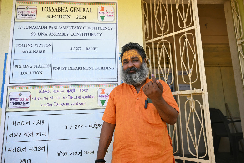 Sole voter in a polling booth in Gir forest in Gujarat state, India.