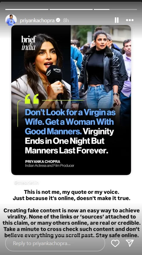 Priyanka Chopra denies viral ‘virgin wife’ quote, says just because it’s online doesn’t make it true